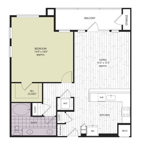 Floor plan for 1 bed, 1 bath, 978 sqft